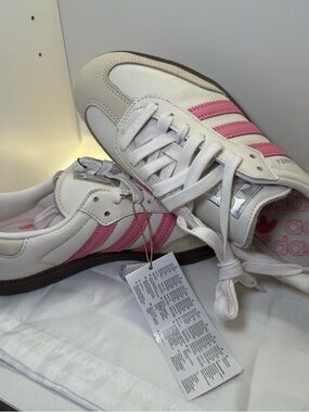 adidas samba White Sneakers with Pink Stripes and Brown Outsole